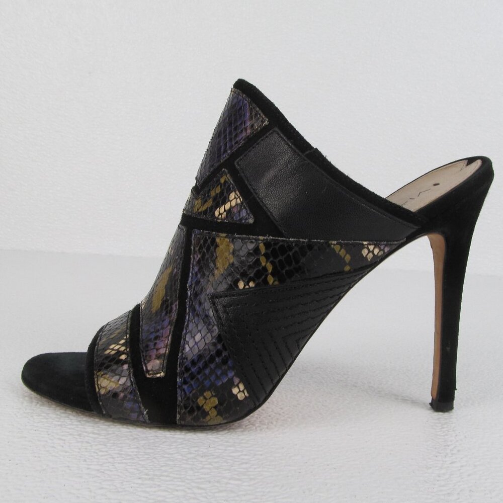 Via Spiga Open Toe Heels Black Purple Snake Print Sandals Women’s Size 9